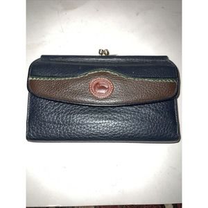 Vtg Dooney & Bourke Navy Blue Green Brown Leather Pocket Book Wallet Kisslock